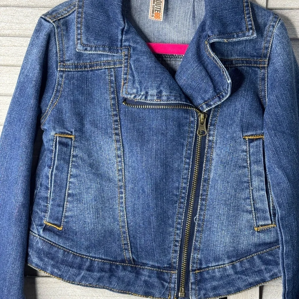 Route 66 Kids Moto Denim Jacket Size 6/6X Blue Jean Jacket Biker Style